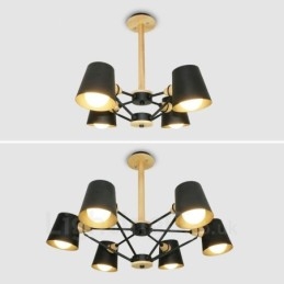 4-flammige Pendelleuchte aus Holz im modernen, zeitgenössischen nordischen Stil mit Eisenschirm