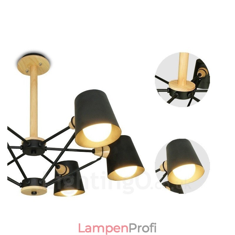 6-flammige Pendelleuchte aus Holz im modernen, zeitgenössischen nordischen Stil mit Eisenschirm