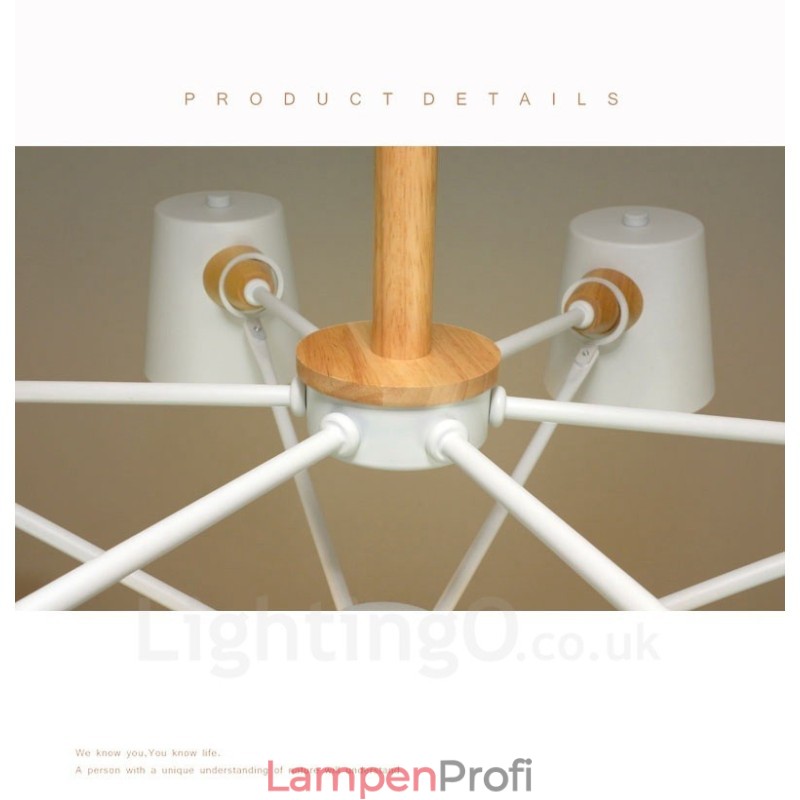 6-flammige Pendelleuchte aus Holz im modernen, zeitgenössischen nordischen Stil mit Eisenschirm
