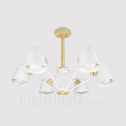 6-flammige Pendelleuchte aus Holz im modernen, zeitgenössischen nordischen Stil mit Eisenschirm