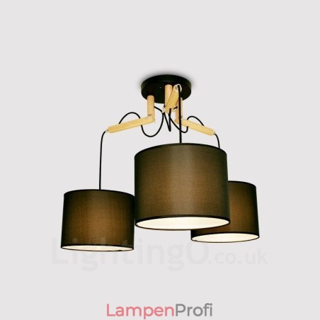 Moderne Pendelleuchte mit 3 Lichtern aus Holz und Stoffschirm Moderne Pendelleuchte mit 3 Lichtern aus Holz und Stoffschirm