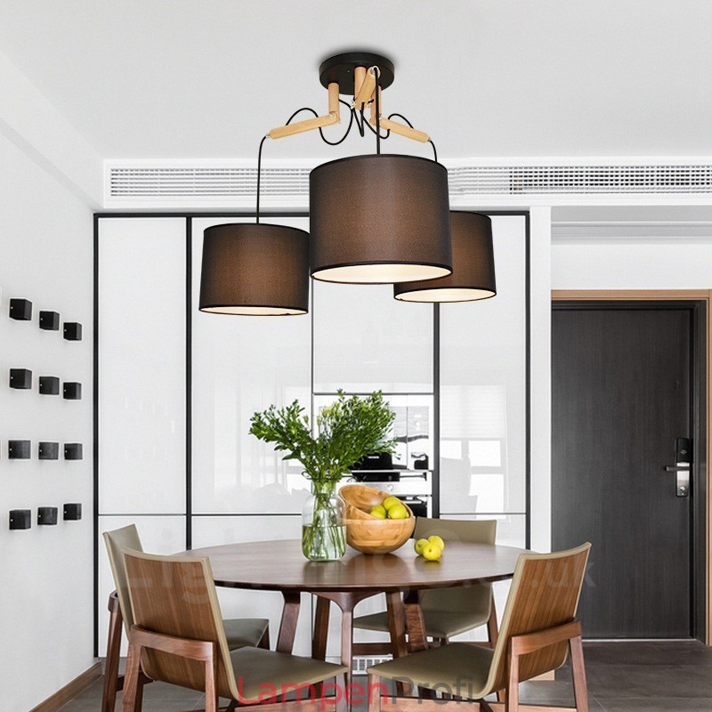 Moderne Pendelleuchte mit 3 Lichtern aus Holz und Stoffschirm