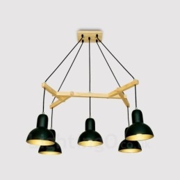 5-flammige, moderne Pendelleuchte aus Holz mit Eisenschirm