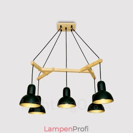 5-flammige, moderne Pendelleuchte aus Holz mit Eisenschirm 5-flammige, moderne Pendelleuchte aus Holz mit Eisenschirm