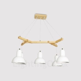 5-flammige, moderne Pendelleuchte aus Holz mit Eisenschirm