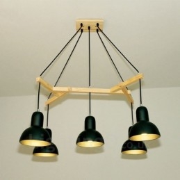 5-flammige, moderne Pendelleuchte aus Holz mit Eisenschirm