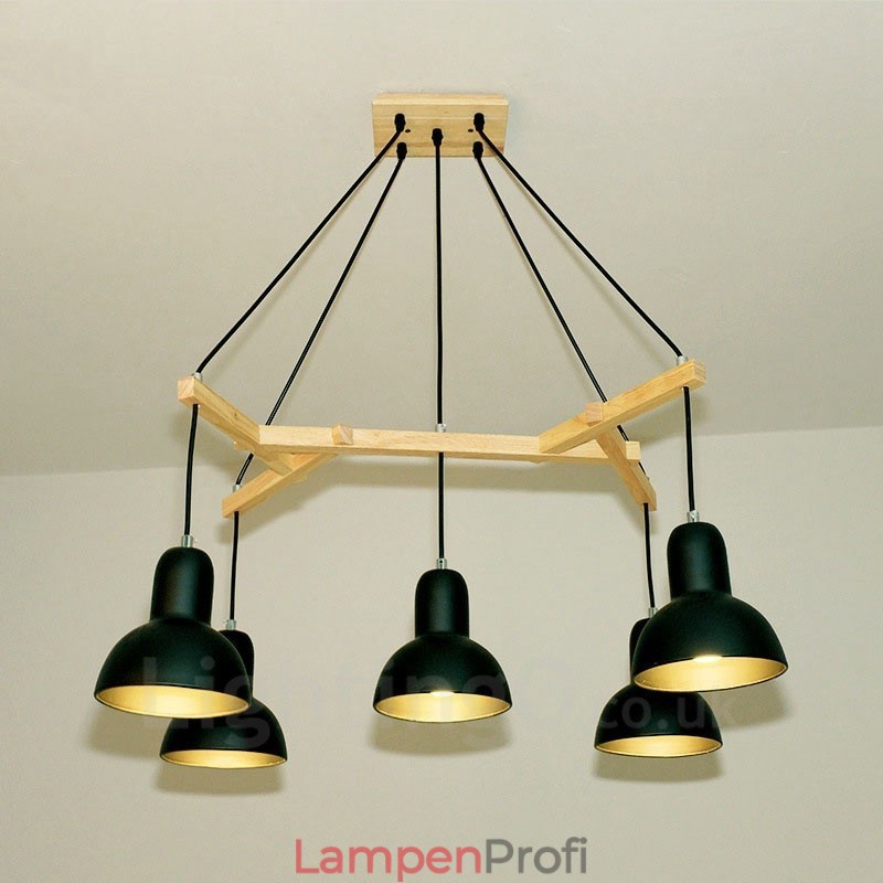 5-flammige, moderne Pendelleuchte aus Holz mit Eisenschirm