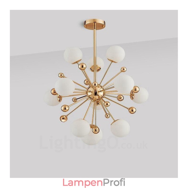 11-flammige moderne Deckenleuchten, Kupfer-Kronleuchter mit weißem Kugelglasschirm