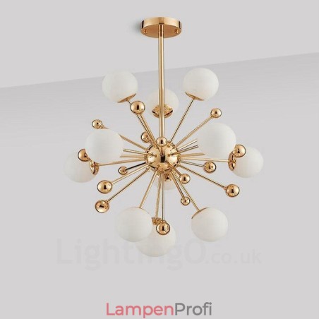 11-flammige moderne Deckenleuchten, Kupfer-Kronleuchter mit weißem Kugelglasschirm