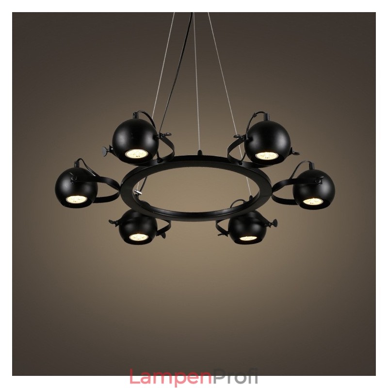 6-flammige Retro-Pendelleuchte im Vintage-Stil aus schwarzem Eisen mit schwarzen Kugelschirmen aus Eisen