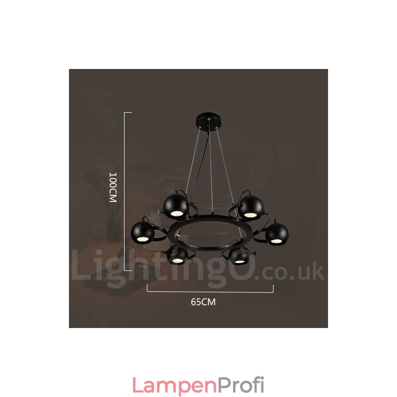 6-flammige Retro-Pendelleuchte im Vintage-Stil aus schwarzem Eisen mit schwarzen Kugelschirmen aus Eisen