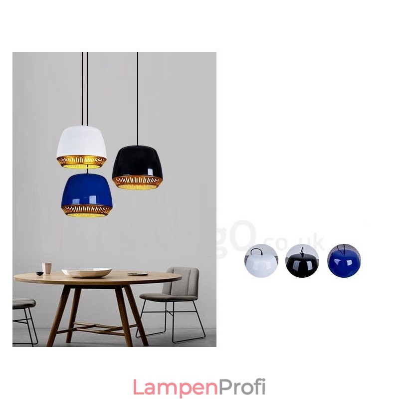 1-flammige, moderne Pendelleuchte mit schwarz-weiß-rot-blauem Lampenschirm