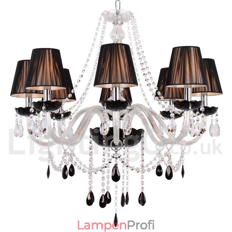 8-flammiger, moderner Kronleuchter im Kerzenstil aus gebürstetem schwarzem K9-Kristall