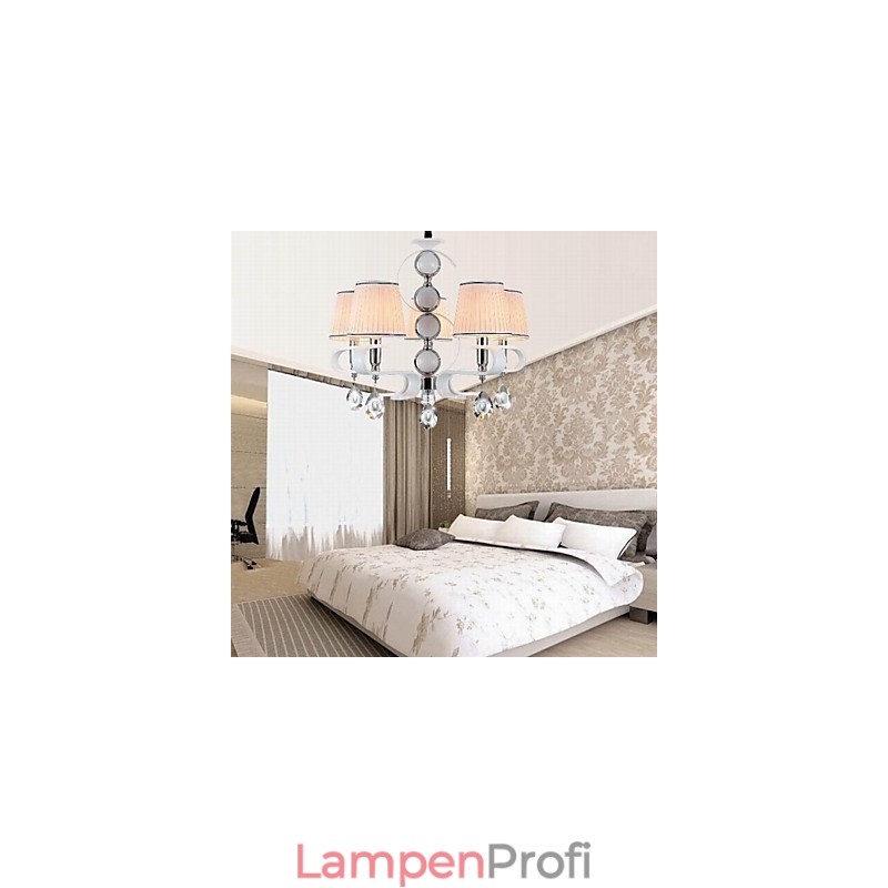 Stoff Kronleuchter 5 Licht High Grade Lampe Weiß Jade Silber Ring