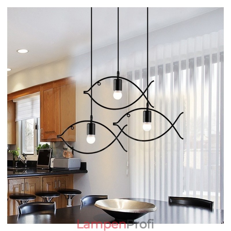 1-flammige Hängeleuchte im Retro-Stil „Lodge“ mit Fischmotiv und Stahlschirm