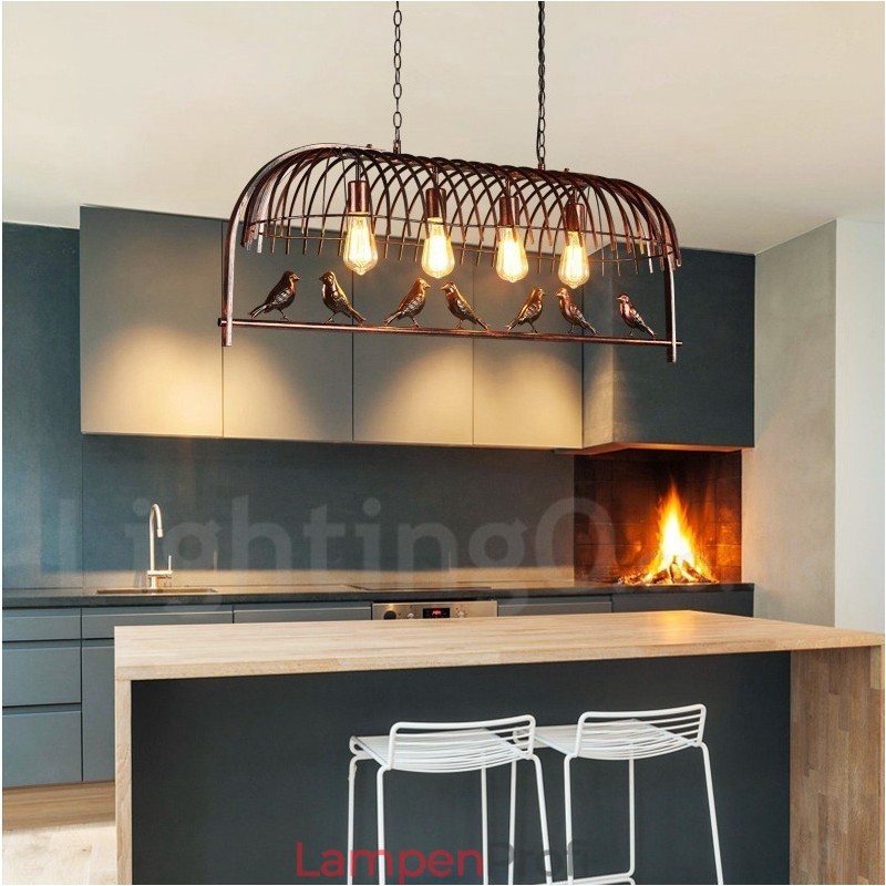 Rustikale Lodge Retro-Vogelkäfig-Pendelleuchte mit 4 Lichtern und Stahlschirm