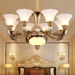 8-flammiger traditioneller Luxus-Lobby-Kronleuchter im Retro-Stil mit Glasschirm