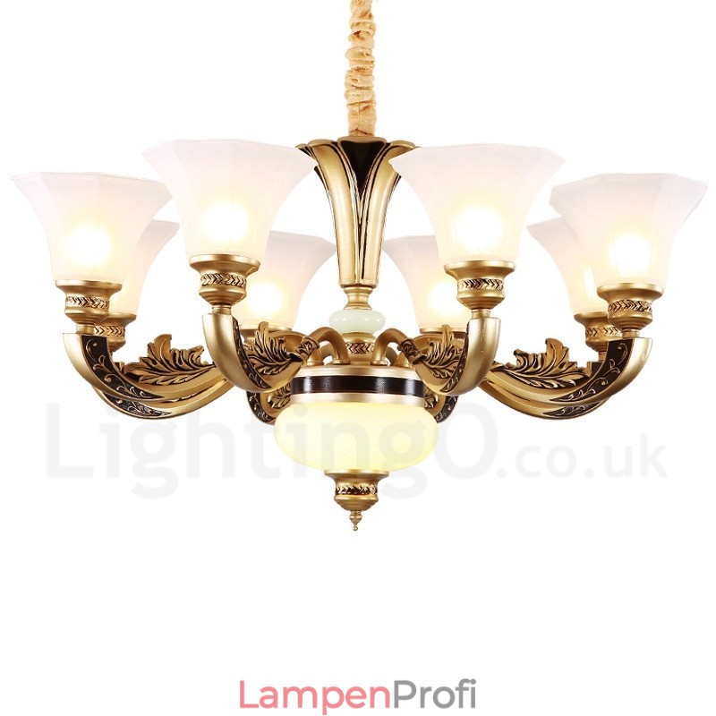 8-flammiger traditioneller Luxus-Lobby-Kronleuchter im Retro-Stil mit Glasschirm