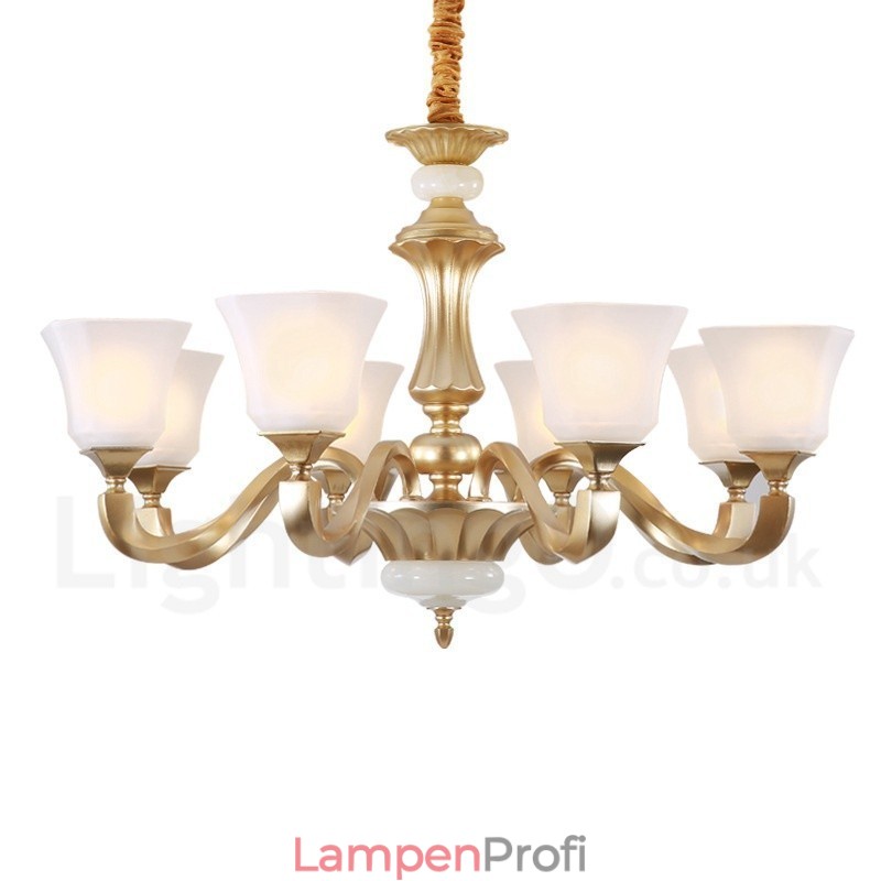 8-flammiger Retro-Kronleuchter im traditionellen rustikalen Stil mit Glasschirm