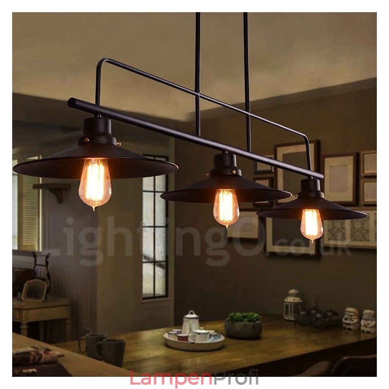 3-flammige Hängeleuchte im Retro-Stil aus rustikalem Stahl mit Stahlschirm