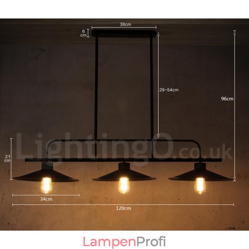 3-flammige Hängeleuchte im Retro-Stil aus rustikalem Stahl mit Stahlschirm