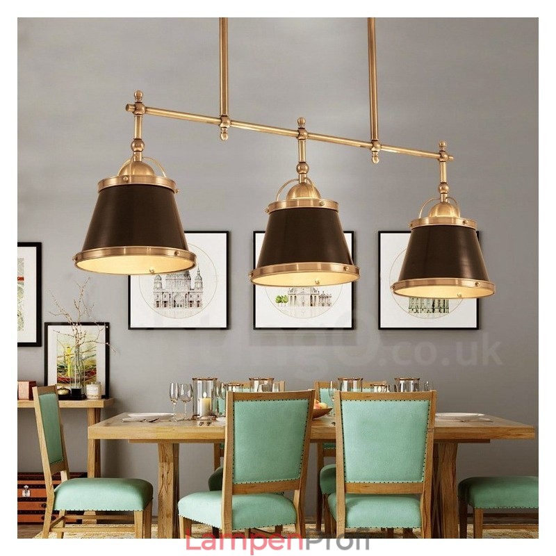 3-flammige Retro-Pendelleuchte im rustikalen Stil aus Messing mit Messingschirm