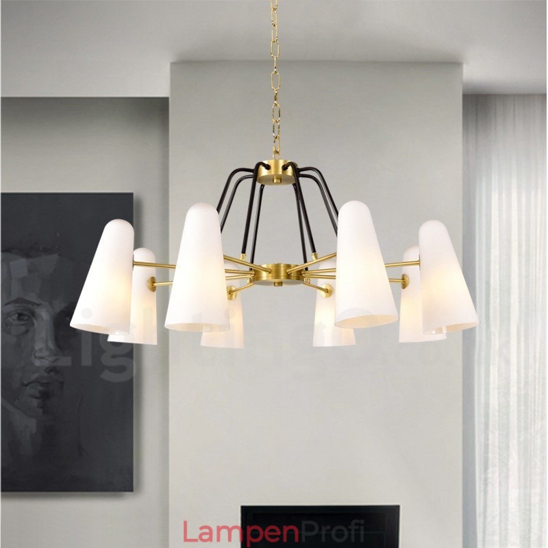 8-flammige Retro-Pendelleuchte aus rustikalem Messing mit Glasschirm