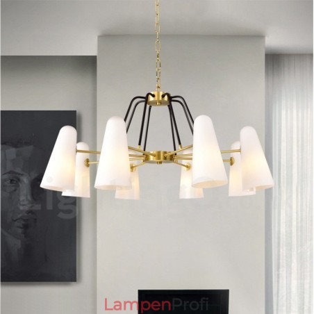 8-flammige Retro-Pendelleuchte aus rustikalem Messing mit Glasschirm