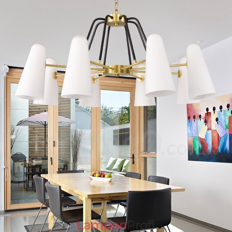 8-flammige Retro-Pendelleuchte aus rustikalem Messing mit Glasschirm