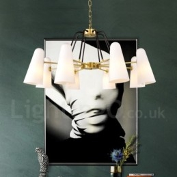 8-flammige Retro-Pendelleuchte aus rustikalem Messing mit Glasschirm