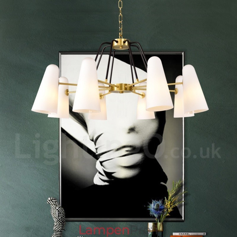 8-flammige Retro-Pendelleuchte aus rustikalem Messing mit Glasschirm