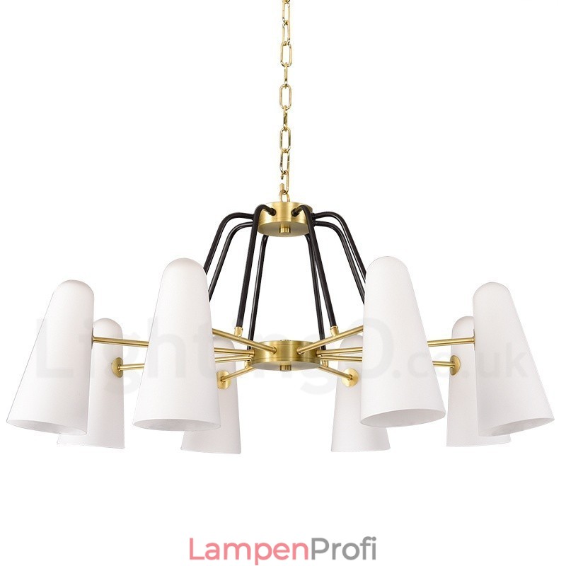 8-flammige Retro-Pendelleuchte aus rustikalem Messing mit Glasschirm