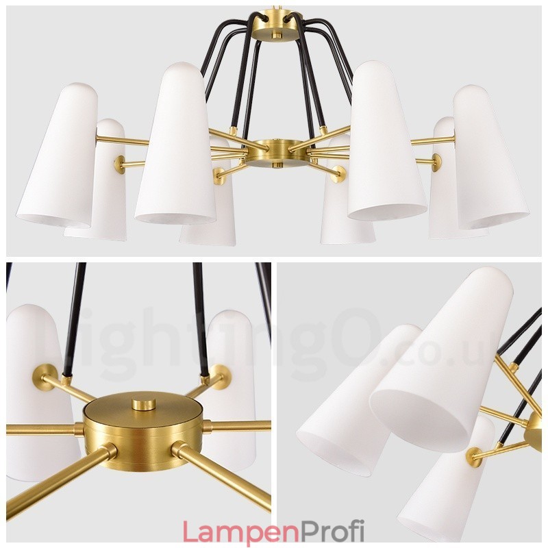 8-flammige Retro-Pendelleuchte aus rustikalem Messing mit Glasschirm