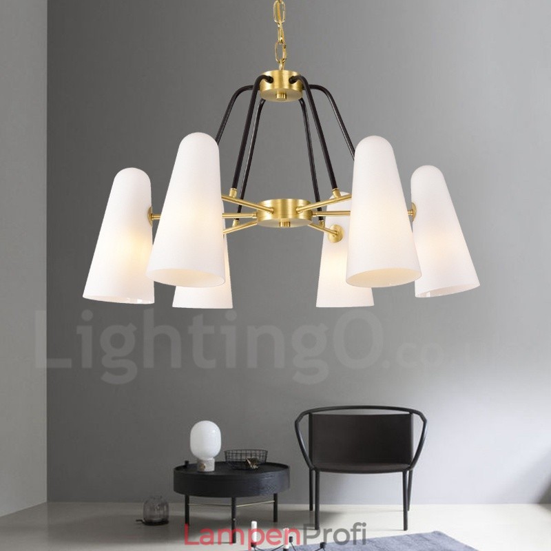 6-flammige Retro-Pendelleuchte aus rustikalem Messing mit Glasschirm