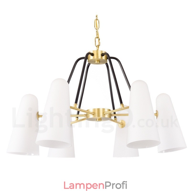 6-flammige Retro-Pendelleuchte aus rustikalem Messing mit Glasschirm