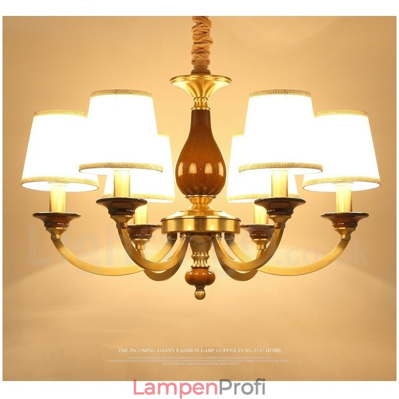 6-flammige Retro-Pendelleuchte aus rustikalem Messing mit Glasschirm