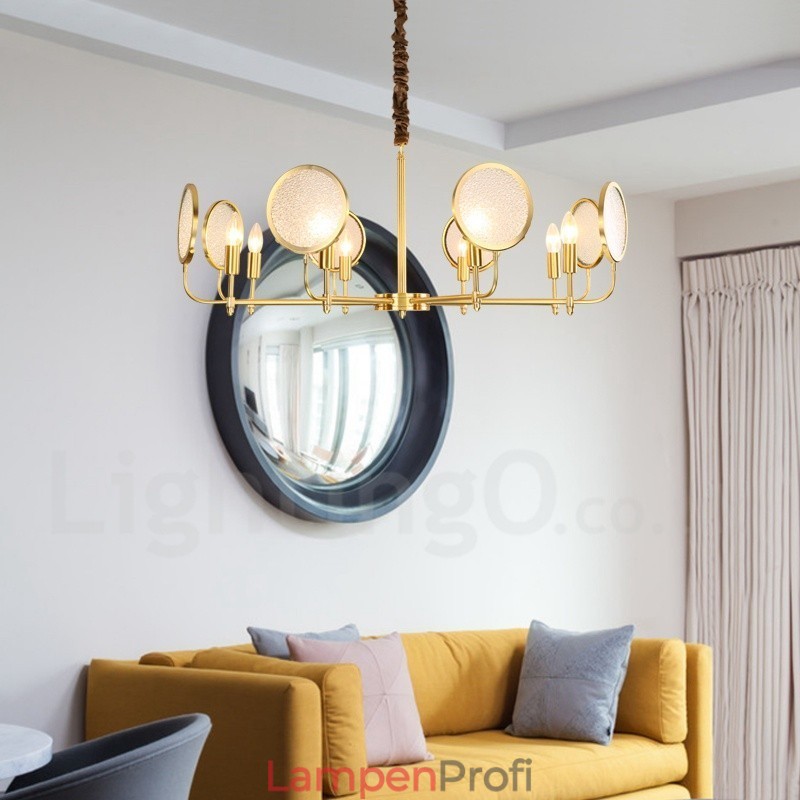 8-flammige Retro-Pendelleuchte aus rustikalem Messing mit Glasschirm