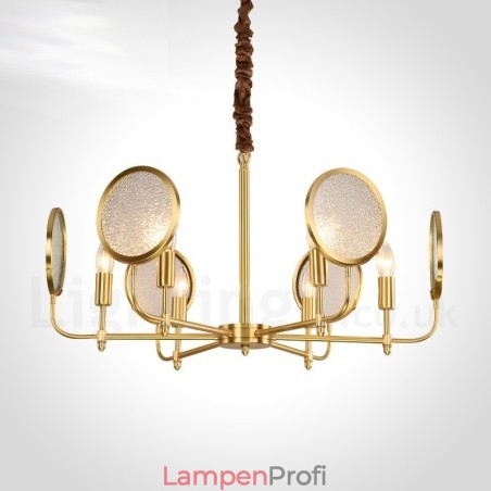6-flammige Retro-Pendelleuchte aus rustikalem Messing mit Glasschirm 6-flammige Retro-Pendelleuchte aus rustikalem Messing mit Glasschirm