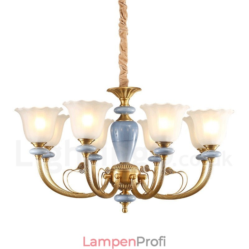 8-flammige Retro-Pendelleuchte aus rustikalem Messing mit Glasschirm