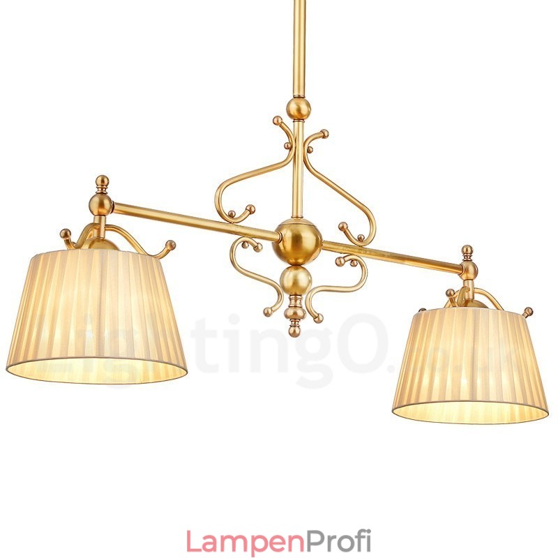 2-flammige Retro-Pendelleuchte aus rustikalem Messing mit Stoffschirm