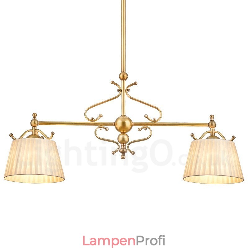 2-flammige Retro-Pendelleuchte aus rustikalem Messing mit Stoffschirm