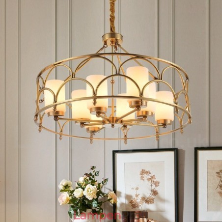 8-flammige Retro-Pendelleuchte aus rustikalem Messing mit Glasschirm