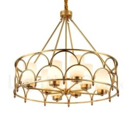 8-flammige Retro-Pendelleuchte aus rustikalem Messing mit Glasschirm