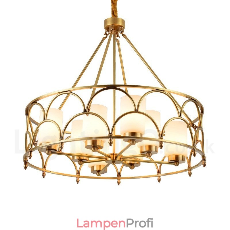 8-flammige Retro-Pendelleuchte aus rustikalem Messing mit Glasschirm
