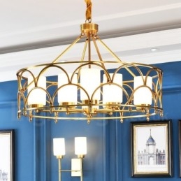 8-flammige Retro-Pendelleuchte aus rustikalem Messing mit Glasschirm