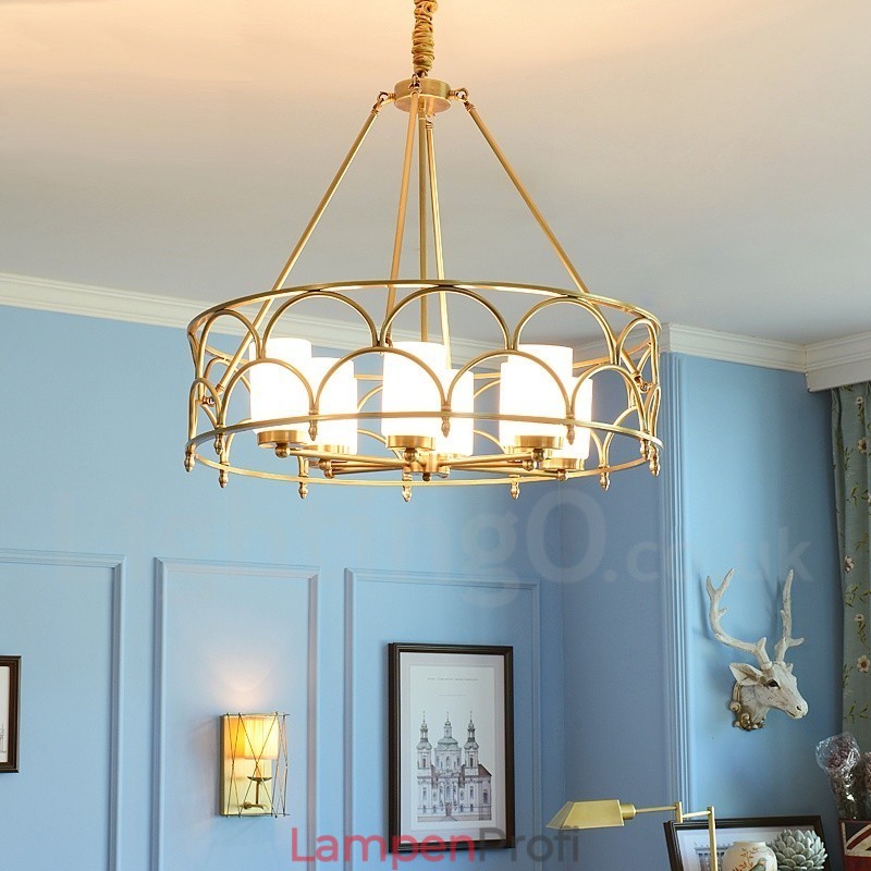 8-flammige Retro-Pendelleuchte aus rustikalem Messing mit Glasschirm