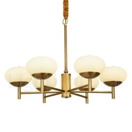 6-flammige Retro-Pendelleuchte aus rustikalem Messing mit Glasschirm