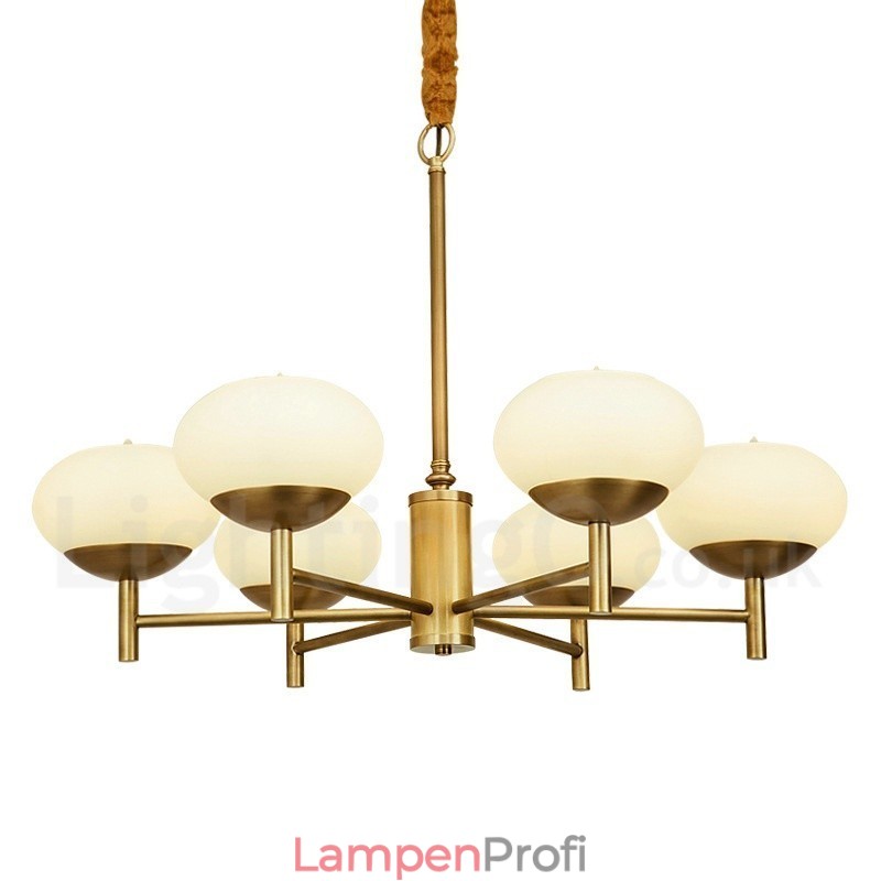 6-flammige Retro-Pendelleuchte aus rustikalem Messing mit Glasschirm