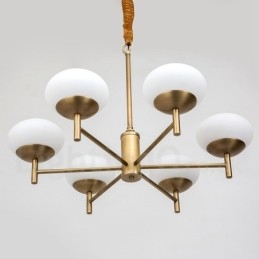 6-flammige Retro-Pendelleuchte aus rustikalem Messing mit Glasschirm