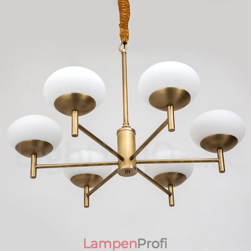 6-flammige Retro-Pendelleuchte aus rustikalem Messing mit Glasschirm
